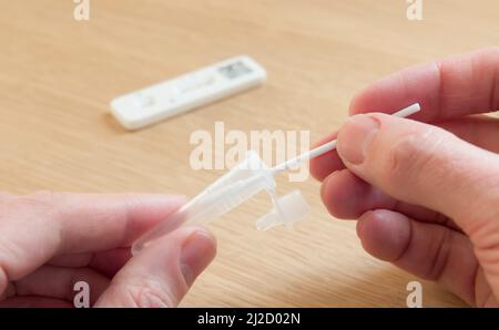 Mann mit Tupfer und Fläschchen, Selbsttest für Covid-19 mit einem Lateral Flow Test (LFT), Großbritannien Stockfoto
