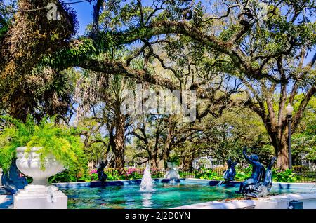 Lebende Eichen, Azaleen und andere Pflanzen umgeben den Brunnen am Washington Square, 26. März 2022, in Mobile, Alabama. Stockfoto