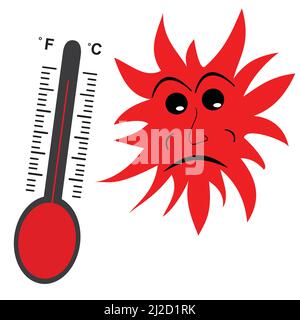 Thermometer und trauriges Gesicht der roten Sonne brennen.Globale Erwärmung und Klimawandel Konzept. Stock Vektor