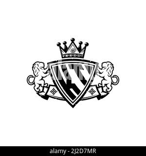 KT Monogram-Logo-Buchstabe mit schlichtem Schild im Kronenstil. Luxuriöses Monogramm, Löwen Luxus-Logo, Stock Vektor