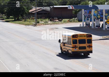 Kurzer gelber Schulbus, der eine Straße in Rule Texas entlang fährt - August 2021 Stockfoto