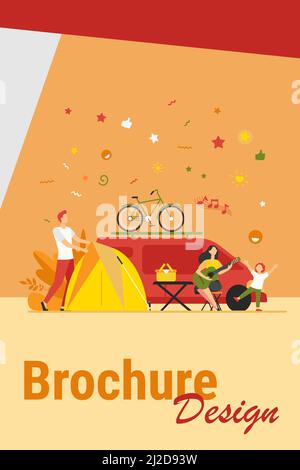 Glückliche Gruppe von Touristen Camping auf Natur isoliert flache Vektor-Illustration. Cartoon Freunde mit Kindern sitzen in der Nähe Lagerfeuer und Anhänger. Tourismus, SUM Stock Vektor