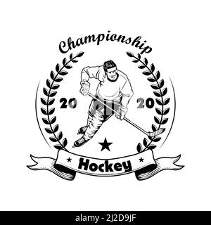 Hockey-Meisterschaft Label Vektor-Illustration. Eishockey-Spieler in Helm, Uniform und Schlittschuhe, Lorbeerkranz, Meisterschaft Text. Sport oder Fan Communi Stock Vektor