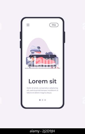 Man dreaming about sea and sleeping on sofa with cat. Home, pet, vacation flat vector illustration. Domestic animals and relaxation concept for banner Stock Vektor
