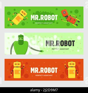 Mr. Robot Banner gesetzt. Humanoide, Cyborgs, Smart Machines Vektor-Illustrationen mit Text auf grünen und roten Hintergründen. Roboterkonzept für Flyer und Stock Vektor