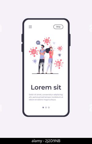 Infizierte Menschen mit Gesichtsmasken leiden unter Angst und Coronavirus-Symptome. Mann und Frau fühlen Fieber, Kopf- und Gelenkschmerzen. Kann für verwendet werden Stock Vektor