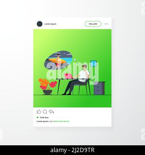 Büromanager träumen von Urlaub auf See flache Vektor-Illustration. Cartoon Business Person entspannen während der Arbeit und denken über das Surfen. Holida Stock Vektor