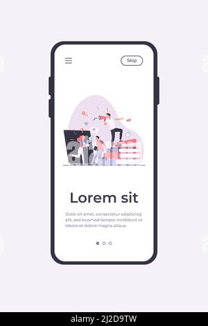 Vektorgrafik „Bürochaos“. Wütender Chef, der das Megaphon anruft, beschäftigte Mitarbeiter, die in Eile sind und in Panik geraten. Kann bei Zeitmangel, Terminabgabeterminen, Stock Vektor