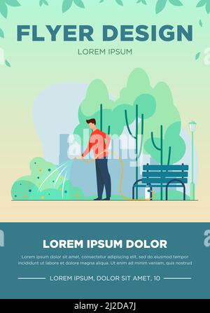 Mann mit Schlauch Bewässerung Busch im Stadtpark. Gärtner, Staatsarbeiter, kommunaler Dienst flache Vektor-Illustration. Urban Greening, Landschaftsbau Arbeitskonzept Stock Vektor