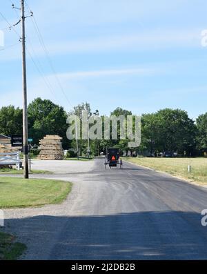 Ein mit Pferden gezogener Amisch-Buggy auf einer Straße in der Nähe von Arthur, Illinois Stockfoto