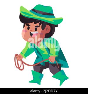 Jungen mit Cowboy Kinder Rodeo festliches Western america Kostüm mit Seil grünen Hut Stock Vektor