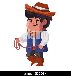 Jungen mit Cowboy Kinder Rodeo festliches Western america Kostüm mit Seil brauner Hut Stock Vektor