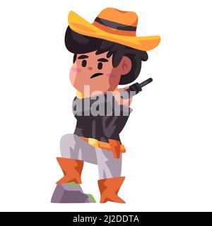 Jungen mit Cowboy Kinder Rodeo festliches Western america Kostüm mit Pistole gelb Hut Stock Vektor
