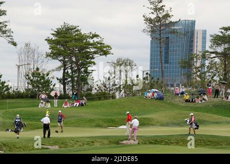 Sep 18, 2011-Incheon, Südkorea-erste Gruppenspieler spielen 14. Halle während der PGA Tour Songdo IBD Championship Final Runde im Jack Nicklaus Golf Club in Incheon am 18. September 2011. Stockfoto