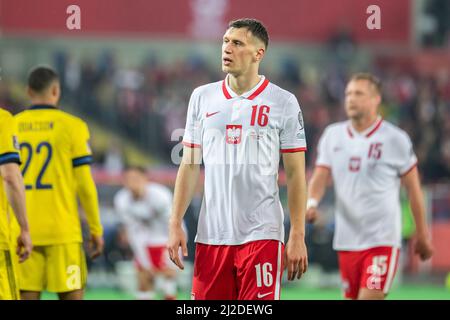 Chorzow, Polen. 29. März 2022. Krystian Bielik aus Polen wurde während des FIFA-WM-Qualifikationsspiels 2022 zwischen Polen und Schweden im Schlesischen Stadion in Chorzow, Polen, gesehen. (Endstand; Polen 2:0 Schweden). Kredit: SOPA Images Limited/Alamy Live Nachrichten Stockfoto