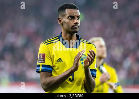 Chorzow, Polen. 29. März 2022. Der Schwede Alexander Isak klatscht nach dem Spiel der FIFA Fußball-WM-Qualifikation 2022 im Schlesischen Stadion in Chorzow, Polen. (Endstand; Polen 2:0 Schweden). (Foto von Mikolaj Barbanell/SOPA Images/Sipa USA) Quelle: SIPA USA/Alamy Live News Stockfoto