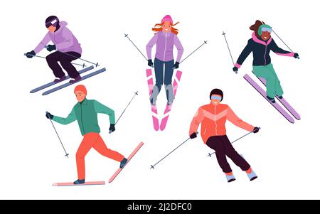 Cartoon aktive Erwachsene Figuren in Skibrillen halten Skistöcke, springen und überqueren Berge isoliert auf Weiß. Skifahrer Menschen Skifahren auf Schnee Pisten, Winter Stock Vektor