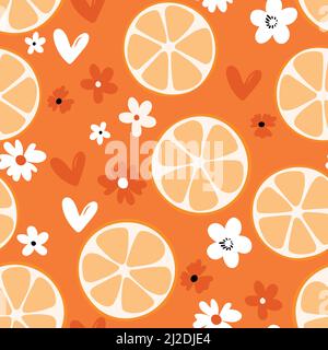 Sommer-Illustration mit Orangen und Zitronen. Seamlees-Muster mit bunten Früchten auf farbigem Hintergrund. Lebensmittelkonzept. Vorlagendesign für Einladung Stock Vektor