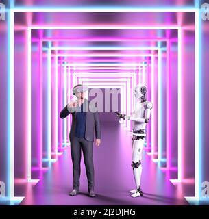 Humanoider Roboter bringen Geschäftsleute in die virtuelle Welt der Metaverse. 3D Rendern Stockfoto
