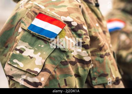 Flagge der Niederlande und der Königlichen Niederländischen Armee auf einer Soldatenuniform, NATO-Einheit zur Integration von Truppen, Nahaufnahme Stockfoto