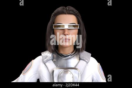 3D Rendering des computergenerierten Astronauten-Avatars mit VR-Brille in einer virtuellen Metaverse-Welt Stockfoto