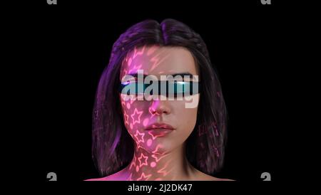 Avatar-Frau mit VR-Brille in Metaverse Virtual World, 3D Render Stockfoto