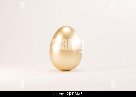 Ostereier mit goldenem Glitzer auf weißem Hintergrund. Minimales osterkonzept. Frohe Osterkarte mit Platz für Text. 3D Animationsrendering. Stockfoto