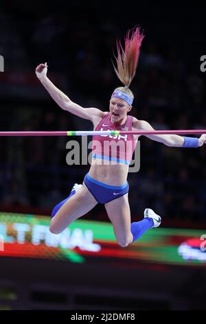 Sandi Morris (USA) feiert nach dem Gewinn des Stabhochs der Frauen um 15-9 (4,80m) während der Leichtathletik-Hallenweltmeisterschaften, Samstag, 19. März, Stockfoto