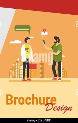 People using location app on phone. Asking way, speech bubble with map pointer flat vector illustration. Navigation, travel, communication concept for Stock Vector