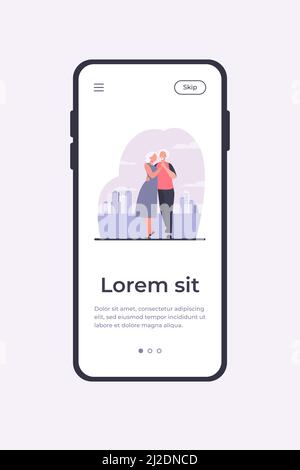 Senior couple dancing outside. Old man and woman holding hands and embracing flat vector illustration. Love, relationship, elderly age concept for ban Stock Vektor