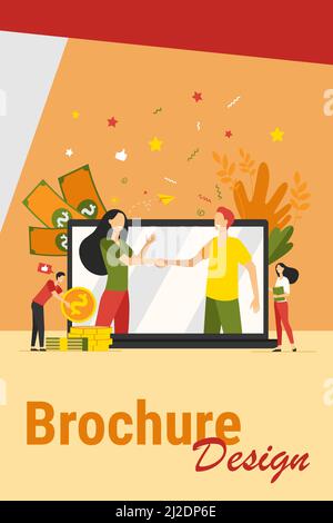 Zwei Geschäftspartner Handshake in großen Laptop-Bildschirm flache Vektor-Illustration. Zeichentrickfiguren Abschluss Vereinbarung online. Partnerschaft, Teamarbeit Stock Vektor