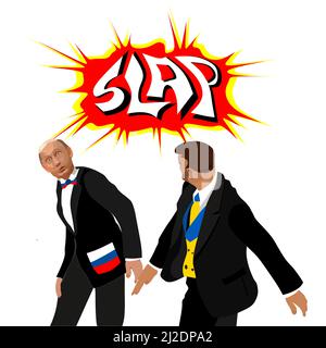 Der ukrainische Präsident Zelensky klatscht den russischen Präsidenten Putin mit einer isolierten Illustration im Blasenzeichentrickstil auf. Präsidenten in Anzügen mit Stock Vektor