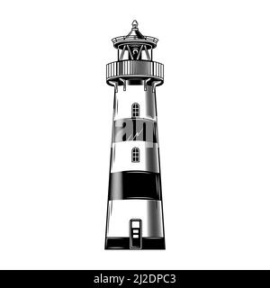 Vintage Leuchtturm Gebäude Vektor Illustration. Monochromer klassischer Leuchtfeuer. Nautische Welt oder maritimes Navigationskonzept für Etiketten oder Embleme temp Stock Vektor
