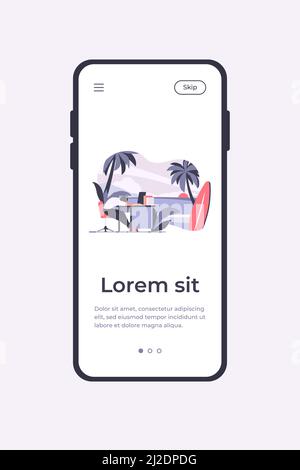 Müder Büroangestellter schläft am Arbeitsplatz und träumt vom Meeresstrand mit Surfbrett. Vektor-Illustration für Burnout, Urlaub, Reise, Urlaub con Stock Vektor