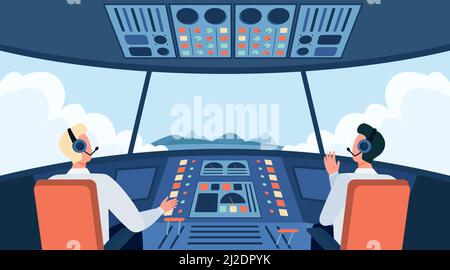 Bunte Flugzeug Cockpit isoliert flache Vektor-Illustration. Zwei Cartoon-Piloten sitzen in der Flugzeugkabine vor dem Bedienfeld. Flugbesatzung und Stock Vektor