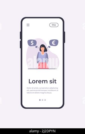 Frau steht und denkt über den Wechselkurs nach. Vektor-Illustration: Euro, Dollar, Cash Flat. Finanz- und Investitionskonzept für Banner, Website desig Stock Vektor