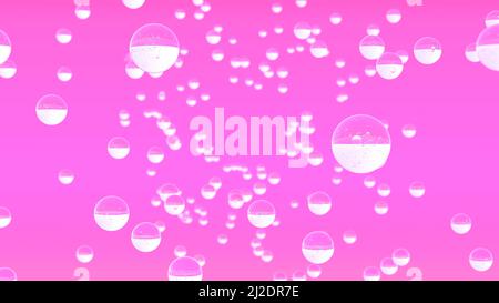 3D Blasen abstrakter Hintergrund. Transparente Glaskugeln oder -Tropfen auf einem rosa Hintergrund. Kosmetik, Urlaub, Konzept. Hochwertige 3D-Illustration Stockfoto