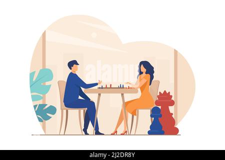 Paar spielen Schach. Mann und Frau am Schachbrett flache Vektor-Illustration. Freizeit, Hobby, Intelligenz, Challenge-Konzept für Banner, Website-Design Stock Vektor