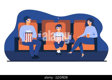 Vater, Mutter und Sohn in 3d-Brillen sitzen in Stühlen, halten Popcorn Eimer und Soda und beobachten lustige Film im Kino. Vektorgrafiken Stock Vektor