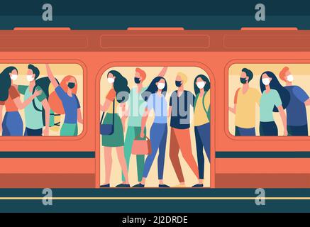 Menschenmenge in Masken, die in der U-Bahn stehen. Öffentlicher Verkehr, Passagiere, Pendler flache Vektor-Illustration. Covid, Epidemie, Schutz conce Stock Vektor