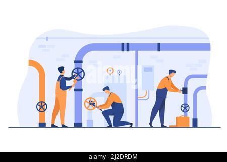 Handwerker arbeiten im Team und beheben Leckage im Kesselraum flache Vektor-Illustration. Cartoon Klempner Reparatur Rohre mit Werkzeugen. Flugbesatzung und airc Stock Vektor