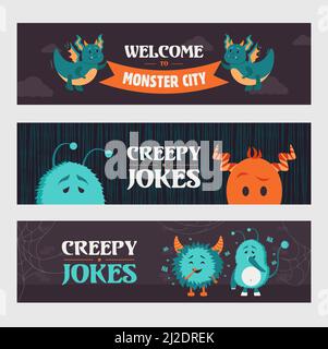 Gruselige Witze Banner-Designs für Party. Niedliche Monster und Kreaturen auf dunklem Hintergrund. Halloween und Feiertagskonzept. Vorlage für Poster, Promotion o Stock Vektor