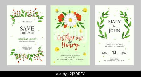 Kreative Hochzeitseinladungsdesigns mit Blumen. Trendige Blumeneinladungen mit Text. Feier- und Veranstaltungskonzept. Vorlage für Broschüre, Banner oder Stock Vektor
