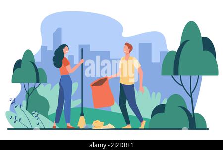 Glückliches Paar, das draußen Müll aufsammeln. Junge Menschen Reinigung Park von Müll flach Vektor-Illustration. Freiwilligenarbeit, Naturpflegekonzept für banne Stock Vektor