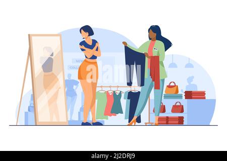 Weibliche Kundin, die Kleidung im Modegeschäft wählt. Shop-Assistent, Verkäufer, Berater flache Vektor-Illustration. Shopping, Umkleidekonzept für Ban Stock Vektor