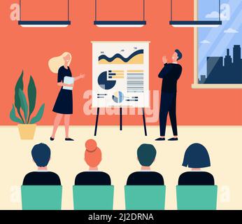 Glückliche Firmencoaches und Mitarbeiter treffen sich im Konferenzraum. Referent präsentiert Diagramm auf Flipchart, Durchführung mit Vortrag. Vektorgrafik Stock Vektor