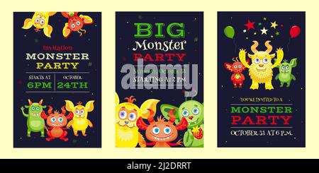 Monster Party Einladungsdesigns mit lustigen Bestien und Maskottchen. Helle bunte Einladungen für Kinder. Feier und Halloween Party Konzept. Tem Stock Vektor