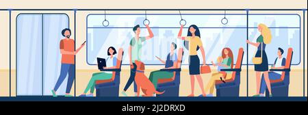 Menschen, die mit der U-Bahn fahren. Pendler sitzen und stehen im Wagen. Vektor-Illustration für U-Bahn-Passagiere, Pendeln, öffentliche Verkehrsmittel Konzept Stock Vektor