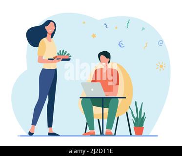 Glückliche Frau, die Essen für den Mann, der zu Hause arbeitet, vorbereitet. Laptop, Computer, Investition flache Vektor-Illustration. Freiberufliches und familiäres Konzept für Banner, Web Stock Vektor