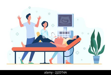 Sonograf Arzt Untersuchung schwangere Frau, Abdomen, mit Ultraschall-Scanner. Vektor-Illustration für Pflege Schwangerschaft, Gynäkologie, medizinische e Stock Vektor